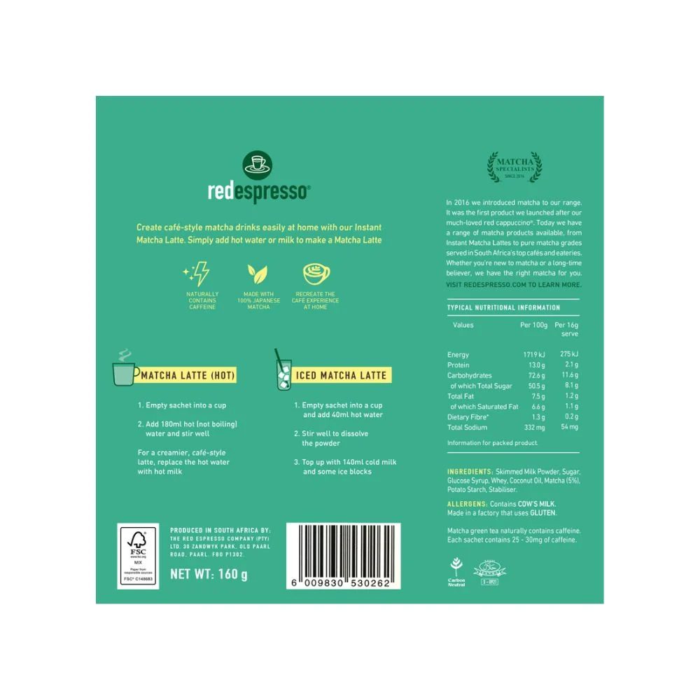 red espresso - Instant Green Tea Matcha Latte Sachets 10x16g - Image 2