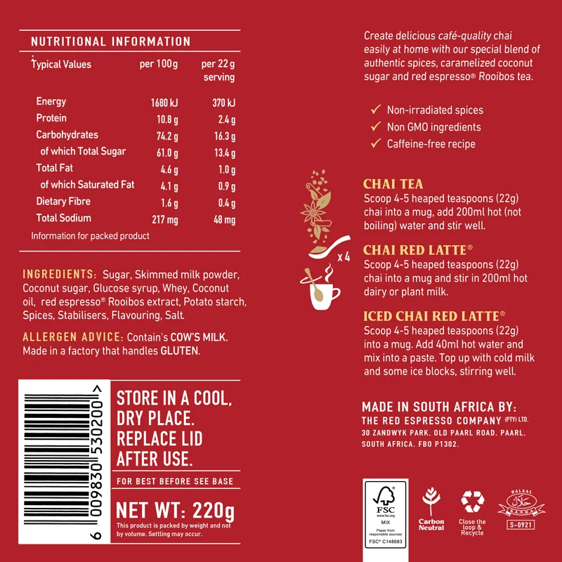 red espresso - Instant Rooibos Chai Latte 220g Tin - 10 Servings - Image 2