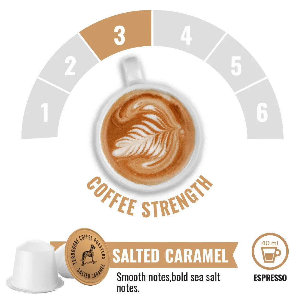 Terbodore Salted Caramel - 10 Compostable Nespresso Compatible Coffee Capsules - Image 3