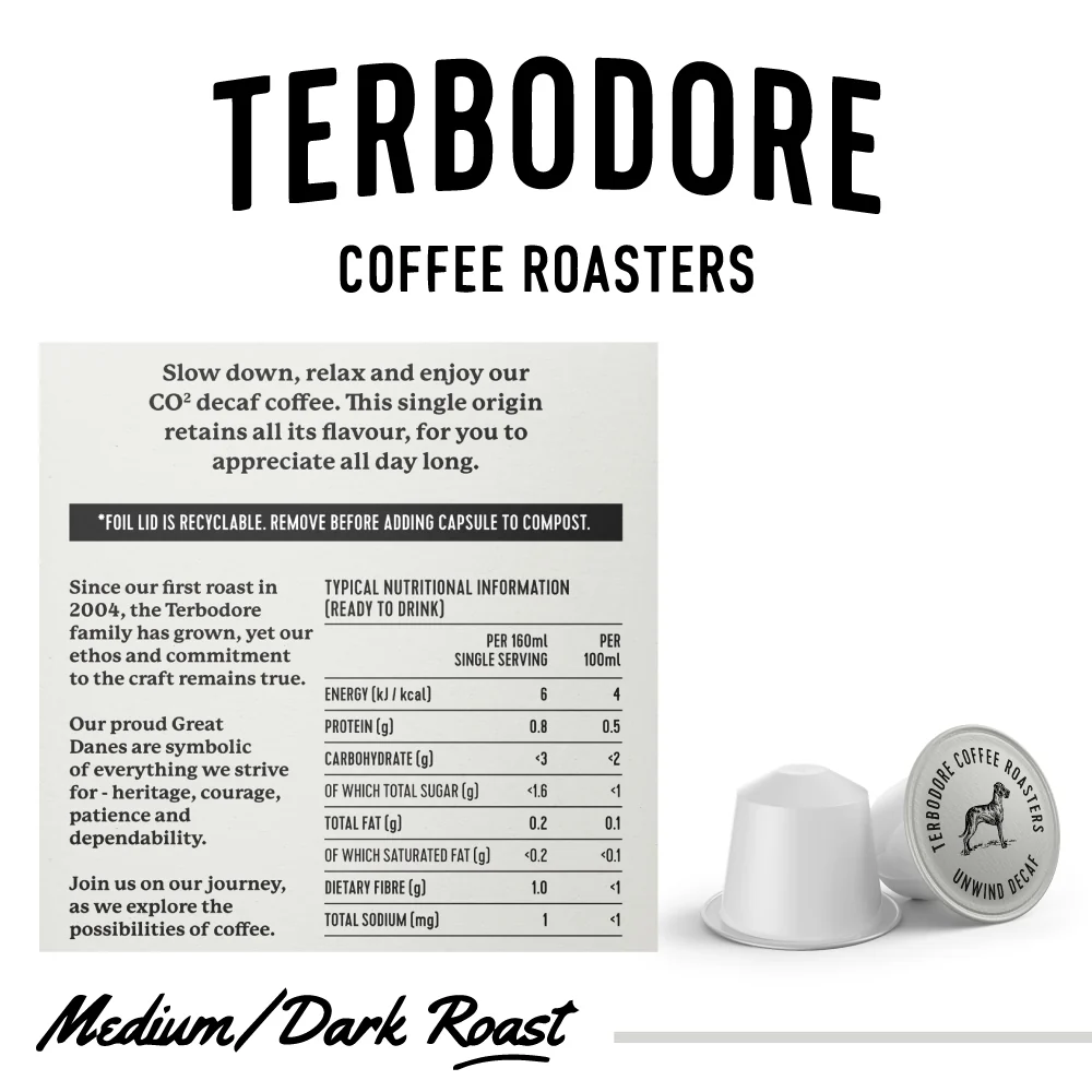 Terbodore Unwind Decaf - 10 Compostable Nespresso Compatible Coffee Capsules - Image 2