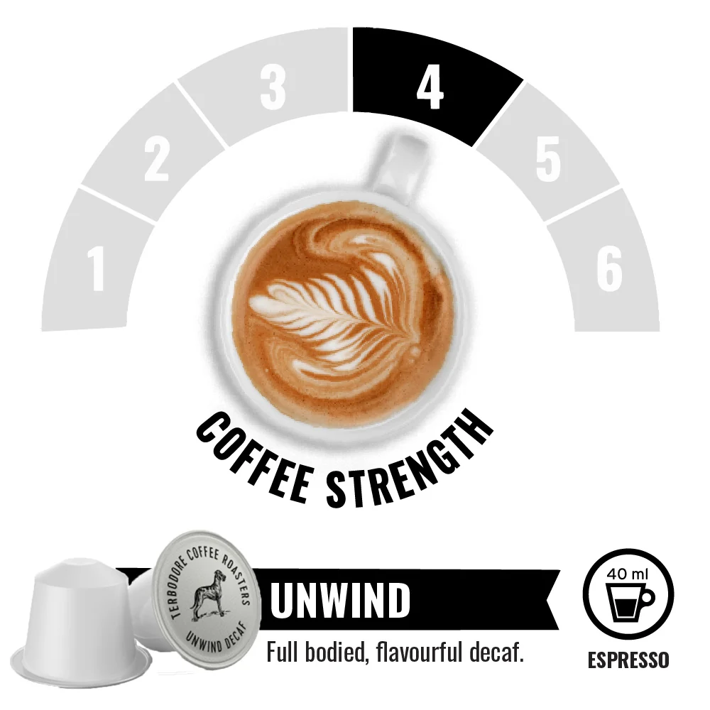Terbodore Unwind Decaf - 10 Compostable Nespresso Compatible Coffee Capsules - Image 3